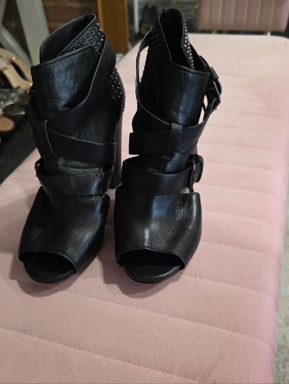 Pour La Victoire Black Studded Open-Toe Leather Heels